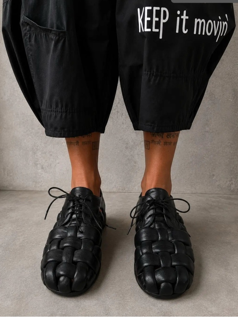 Italy Bread & Butter Black Woven Leather Lace-Up Shoes, Size 39/8.5